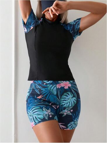 MakeMeChic Women's 2 Piece Tankini Short Sleeve Rash Guard Swimsuit Swim Shirt with Boyshorts Bathing Suit in Saudi Arabia