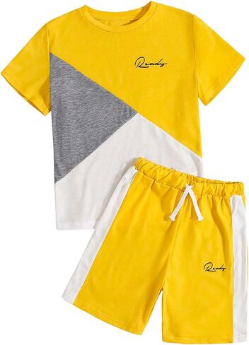 SweatyRocks Boy's Colorblock Letter Print 2 Piece Outfits Crew Neck Short Sleeve Tee Top and Track Shorts Set in Saudi Arabia