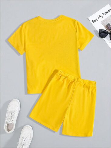 SweatyRocks Boy's Colorblock Letter Print 2 Piece Outfits Crew Neck Short Sleeve Tee Top and Track Shorts Set in Saudi Arabia