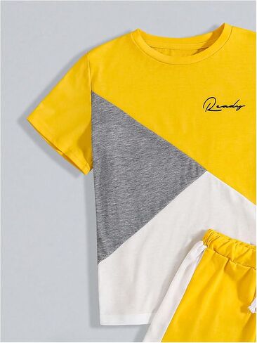 SweatyRocks Boy's Colorblock Letter Print 2 Piece Outfits Crew Neck Short Sleeve Tee Top and Track Shorts Set in Saudi Arabia