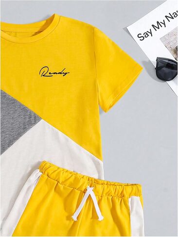 SweatyRocks Boy's Colorblock Letter Print 2 Piece Outfits Crew Neck Short Sleeve Tee Top and Track Shorts Set in Saudi Arabia