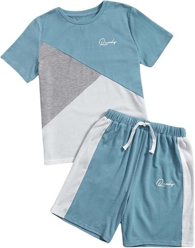 SweatyRocks Boy's Colorblock Letter Print 2 Piece Outfits Crew Neck Short Sleeve Tee Top and Track Shorts Set in Saudi Arabia