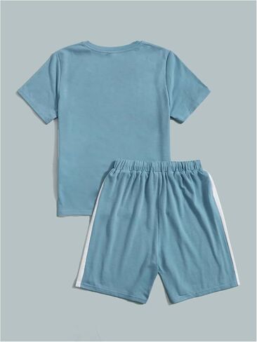 SweatyRocks Boy's Colorblock Letter Print 2 Piece Outfits Crew Neck Short Sleeve Tee Top and Track Shorts Set in Saudi Arabia