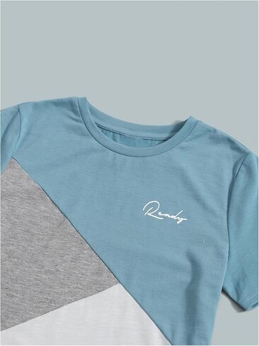 SweatyRocks Boy's Colorblock Letter Print 2 Piece Outfits Crew Neck Short Sleeve Tee Top and Track Shorts Set in Saudi Arabia