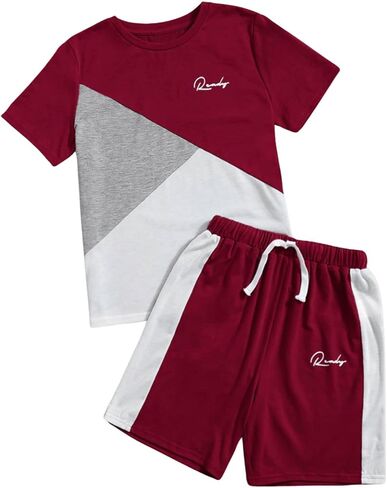 SweatyRocks Boy's Colorblock Letter Print 2 Piece Outfits Crew Neck Short Sleeve Tee Top and Track Shorts Set in Saudi Arabia