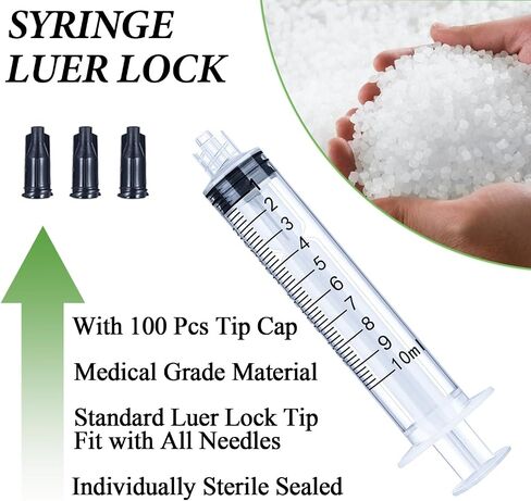 100 عبوة 10 مل من المحاقن Luer Lock مع غطاء، حقنة 10cc بدون إبرة للسائل، ملفوفة معقمة بشكل فردي in Kuwait
