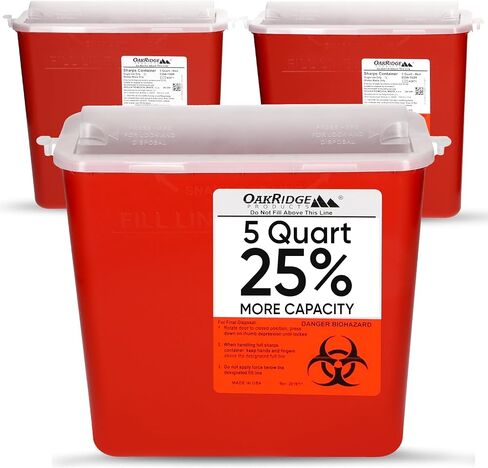 Oakridge Products Sharps Container for Home Use and Professional 5 Quart (1-Pack), Biohazard Needle and Syringe Disposal, Horizontal Drop Style Lid with levers, CDC Certified in Saudi Arabia