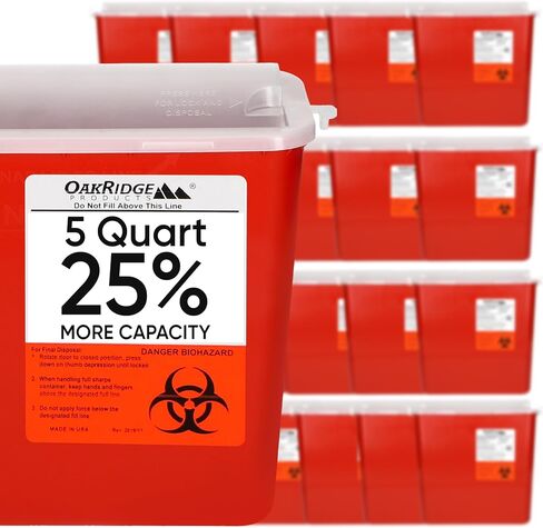 Oakridge Products Sharps Container for Home Use and Professional 5 Quart (1-Pack), Biohazard Needle and Syringe Disposal, Horizontal Drop Style Lid with levers, CDC Certified in Saudi Arabia