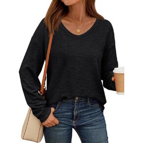 AUTOMET Women's Long Sleeve Oversized Tshirts V Neck 2024 Cotton Sweater Tops Lightweight Business Casual Basic Tees