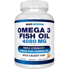 Arazo Nutrition Wild Caught Omega 3 Fish Oil – 60 Soft Gels – 4,080mg High EPA 1200mg DHA 900mg Lemon Flavor Burpless Softgels