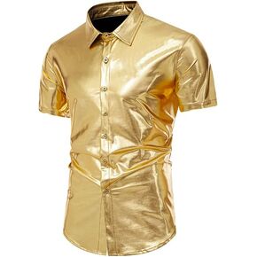 GRAJTCIN 70s Disco Outfits for Men Short Sleeve Shiny Metallic Button Down Disco Shirt Party Costume