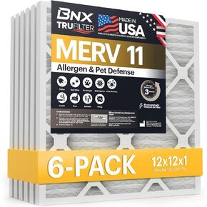 BNX TruFilter 12x12x1 Air Filter MERV 11 (6-Pack) - MADE IN USA - Allergen Defense Electrostatic Pleated Air Conditioner HVAC AC Furnace Filters for Allergies, Dust, Pet, Smoke, Allergy MPR 1200 FPR 7