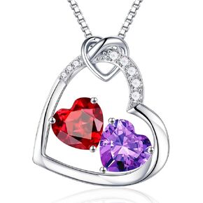 Iefil Birthstone Necklace for Women - 925 Sterling Silver Double Heart Birthstone Necklace Personalized Gifts Birthday Gifts for Women Anniversary Christmas Gifts for Women Wife Girlfriend Her