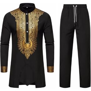 UNINUKOO African Dashiki for Men 2 Piece Sets Traditional Gold Print Shirts and Pants Suit Outfit