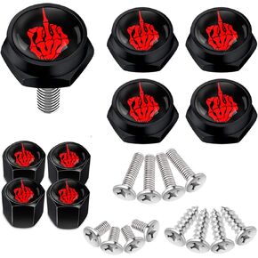 Dsycar Black License Plate Screws Fastener Kit with Skull Finger Screw Covers for Fastening License Plates, Frames and Covers & Bonus 4 Valve Stem Caps (Skull Finger/Black)