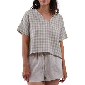 Amazhiyu Women's 100% Linen Short Sleeve V Neck Crop Tops Summer Striped Blouse