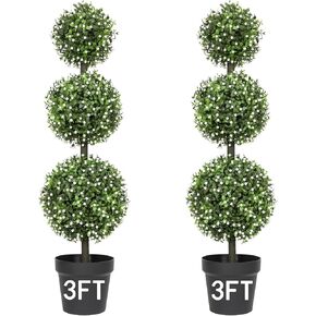 3FT Artificial Topiaries - Front Porch Plant, Outdoor Boxwood Topiary Trees Set of 2, Faux Boxwood Plants, Topiary Trees and Outdoor Artificial Plants for Front Porch, Patio and Garden Décor