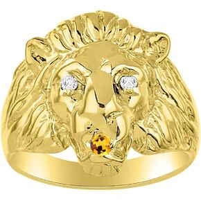 Rylos Lion Head Ring Color Stones Eyes & Diamond Mouth – Fun Designer Rings in Sizes 6-13 in Yellow Gold Plated Silver