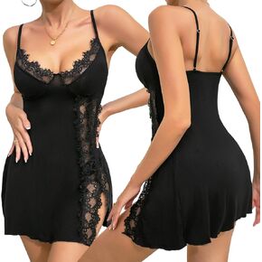 FEOYA Women Lace V Neck Lingerie Babydoll Split Chemise Teddy Spaghetti Strap Sleepwear