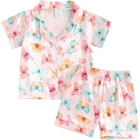 Toddler Baby Kids Satin Summer Pajamas Set Short Sleeve Button-Down Pajamas Top Pants 2Pcs Loungwear Sleepwear Pjs