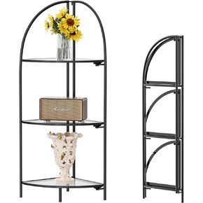 Foldable Corner Display Rack Multipurpose Shelving Unit, Corner Plant Stand with Metal Frame and Transparent Tempered Glass, Corner Shelf Stand (Gold & Transparent Glass, 4 Tier)