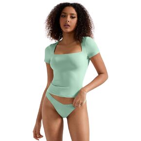SUUKSESS Women Double Lined Fitted Basic Tee Square Neck Short Sleeve Y2K Crop Top