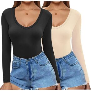 Zeagoo 2 Pack Women's Long Sleeve V Neck Slim Fit T Shirts Basic Tight Trendy Shirts 2024 Going Out Athletic Stretch Tops