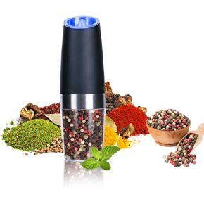 Electric Salt and Pepper Grinder Set, Gravity Sensor, Automatic Pepper Mill, One Hand Operation, Battery-Operated with Adjustable Coarseness, Blue Led Light (Black 1 Pack)