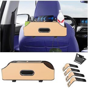 Car Seat Back Organizer with Cup Holder and Tissue Box, Headrest Hanging Storage Box with Hooks and Phone Holder, Multi-Function Travel Tray for Kids, Road Trip Car Accessories