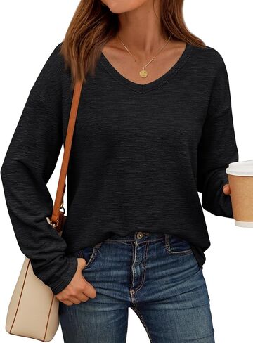 AUTOMET Women's Long Sleeve Oversized Tshirts V Neck 2024 Cotton Sweater Tops Lightweight Business Casual Basic Tees in Saudi Arabia
