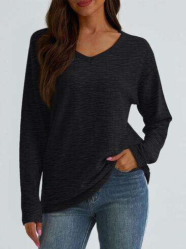AUTOMET Women's Long Sleeve Oversized Tshirts V Neck 2024 Cotton Sweater Tops Lightweight Business Casual Basic Tees in Saudi Arabia