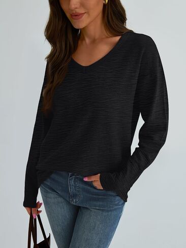 AUTOMET Women's Long Sleeve Oversized Tshirts V Neck 2024 Cotton Sweater Tops Lightweight Business Casual Basic Tees in Saudi Arabia