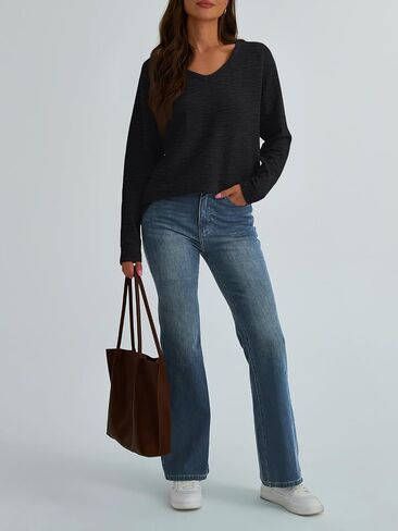 AUTOMET Women's Long Sleeve Oversized Tshirts V Neck 2024 Cotton Sweater Tops Lightweight Business Casual Basic Tees in Saudi Arabia