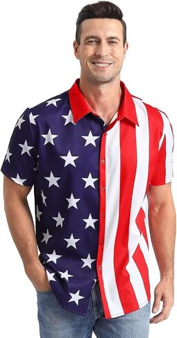 Men's 4th of July Shirt American Flag Texas Flag Button Up Hawaiian Short Sleeve Party Shirt, S-4XL in Kuwait