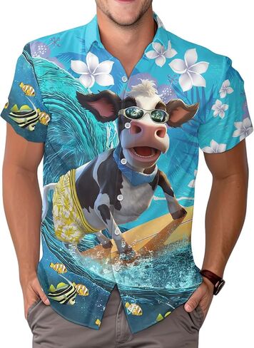 Farm Animal Print Short Sleeve Hawaiian Shirt, Funny Pattern Casual Button Shirt, Summer Shirt, Birthday Gifts in Saudi Arabia