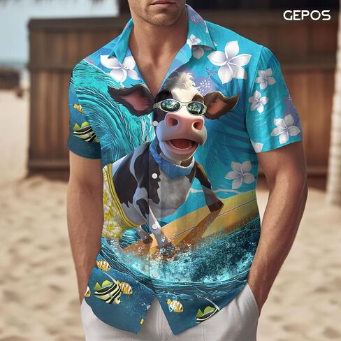 Farm Animal Print Short Sleeve Hawaiian Shirt, Funny Pattern Casual Button Shirt, Summer Shirt, Birthday Gifts in Saudi Arabia