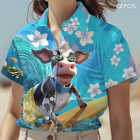 Farm Animal Print Short Sleeve Hawaiian Shirt, Funny Pattern Casual Button Shirt, Summer Shirt, Birthday Gifts in Saudi Arabia