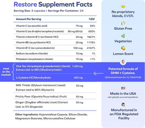 Cheers Restore | Supplement with DHM + L-Cysteine | Feel Better After Drinking & Support Your Liver | 12 Doses | Dihydromyricetin, Cysteine, Prickly Pear, B-Vitamins, Ginger in Kuwait