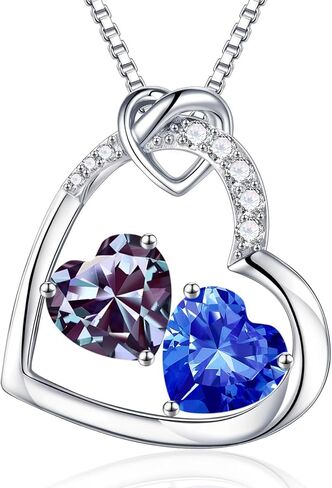 Iefil Birthstone Necklace for Women - 925 Sterling Silver Double Heart Birthstone Necklace Personalized Gifts Birthday Gifts for Women Anniversary Christmas Gifts for Women Wife Girlfriend Her in Saudi Arabia