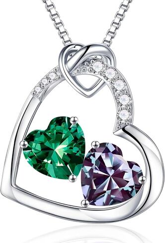 Iefil Birthstone Necklace for Women - 925 Sterling Silver Double Heart Birthstone Necklace Personalized Gifts Birthday Gifts for Women Anniversary Christmas Gifts for Women Wife Girlfriend Her in Saudi Arabia
