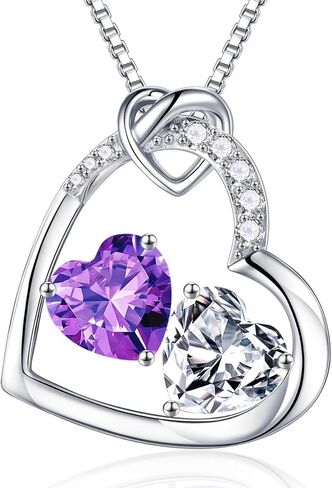 Iefil Birthstone Necklace for Women - 925 Sterling Silver Double Heart Birthstone Necklace Personalized Gifts Birthday Gifts for Women Anniversary Christmas Gifts for Women Wife Girlfriend Her in Saudi Arabia