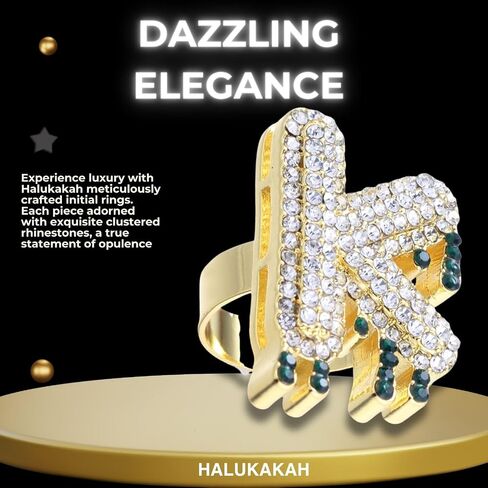 مجموعة خواتم Halukakah من الذهب الحقيقي عيار 18 قيراط/البلاتينيوم بحروف فقاعية أولية للرجال والنساء - ألماس سماعة - حجم قابل للتعديل - أحجار الراين متجمعة KING/LOVE Letter Waterdrop - كاملة مع صندوق هدايا in Kuwait