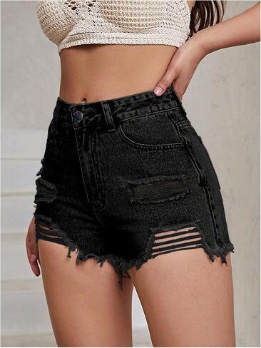 MakeMeChic Women's Casual Ripped Raw Hem Zip Fly Straight Leg Summer Denim Shorts with Pocket in Saudi Arabia