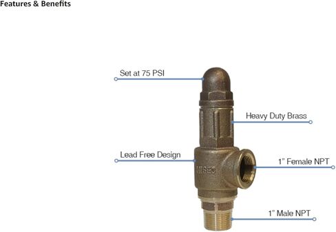 Merrill Heavy PRVHDNL100 صمام تخفيف الضغط النحاسي عالي التحمل بدون الرصاص 75 رطل لكل بوصة مربعة، درجة المقاول، 1 بوصة in Saudi Arabia