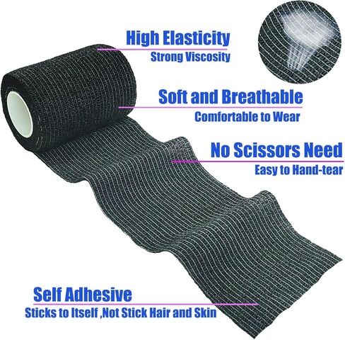 6 Pack 1 Inches Cohesive Bandage Self Adhesive Wrap Elastic Self Adherent Vet Wrap Breathable Self Stick Tape for Wrist, Ankle, Sports, Tatoo Wrap(5 Yards, Black) in Kuwait