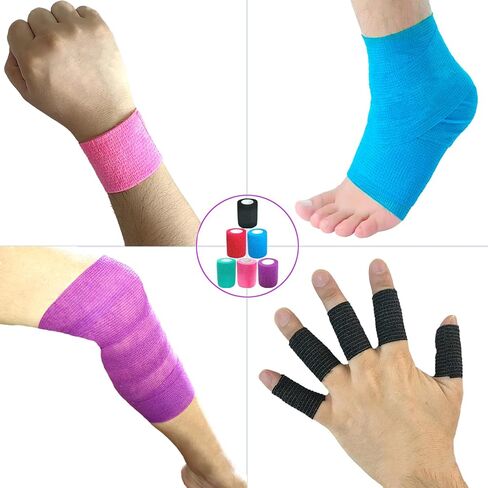 6 Pack 1 Inches Cohesive Bandage Self Adhesive Wrap Elastic Self Adherent Vet Wrap Breathable Self Stick Tape for Wrist, Ankle, Sports, Tatoo Wrap(5 Yards, Black) in Kuwait