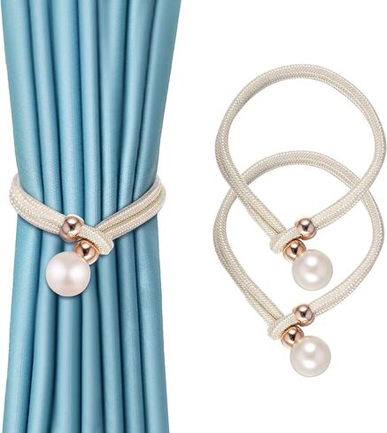 2 Pack Curtain Tiebacks, Adjustable Pull-Out Rope Tie Back with Large Imitation Pearl Bead Decorative European Style Curtain Holdbacks for Sheer and Blackout Drape, Blue-Grey in Saudi Arabia
