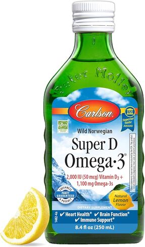 Carlson - Super D Omega-3، زيت كبد سمك القد النرويجي القطبي الشمالي، 2000 وحدة دولية (50 ميكروجرام) فيتامين د3، 1100 مجم أوميجا 3، سائل زيت السمك الشمالي من مصادر مستدامة، ليمون، 250 مل in Kuwait