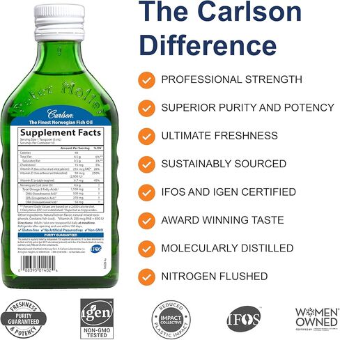 Carlson - Super D Omega-3، زيت كبد سمك القد النرويجي القطبي الشمالي، 2000 وحدة دولية (50 ميكروجرام) فيتامين د3، 1100 مجم أوميجا 3، سائل زيت السمك الشمالي من مصادر مستدامة، ليمون، 250 مل in Kuwait