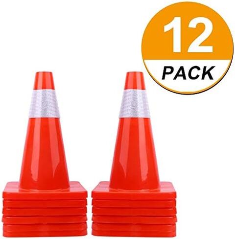 [ 12 Pack ] 18" Traffic Cones PVC Safety Road Parking Cones Weighted Hazard Cones Construction Cones for Traffic Fluorescent Orange w/4" Reflective Strips Collar in Saudi Arabia